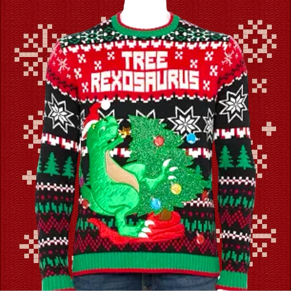 NWT Cool Tranasarus Rex Dinosaur Christmas Sweater Embroidered Appliqués